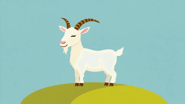 Cartoon white goat with horns standing on a green hill animal farm