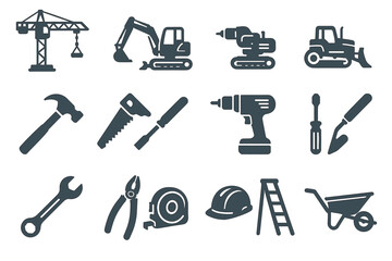 Construction equipment icons: tools, machinery, vehicles for building projects