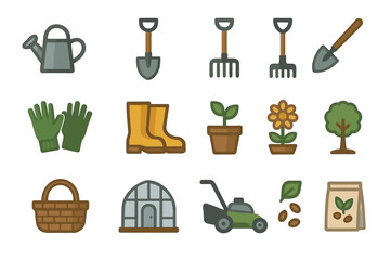 Colorful gardening icons set including tools, plants, and greenhouse elements