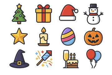Obraz premium Colorful holiday symbols: christmas, easter, halloween celebrations illustrated