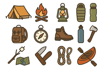 Camping essentials: tent, fire, lantern, sleeping bag, backpack, compass, boot, water bottle, axe, marshmallow, map, knife, rope, kayak