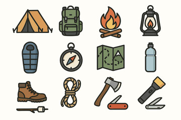 Camping gear collection: tent, backpack, campfire, compass, lantern, sleeping bag, hiking boots