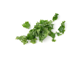 Fototapeta premium Pieces of kale cabbage leaves isolated. Green leaf of curly cabbage cooked for fresh salad