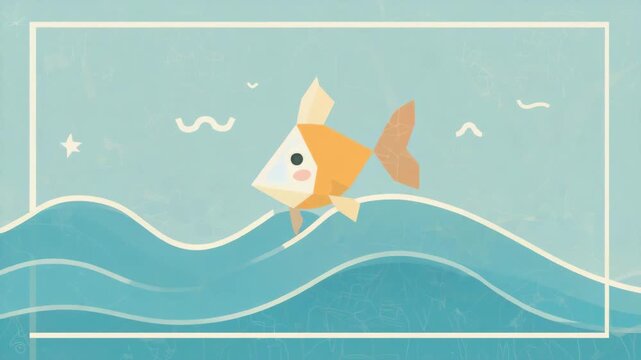 Origami fish swimming in stylized blue waves within a frame animal aquatic