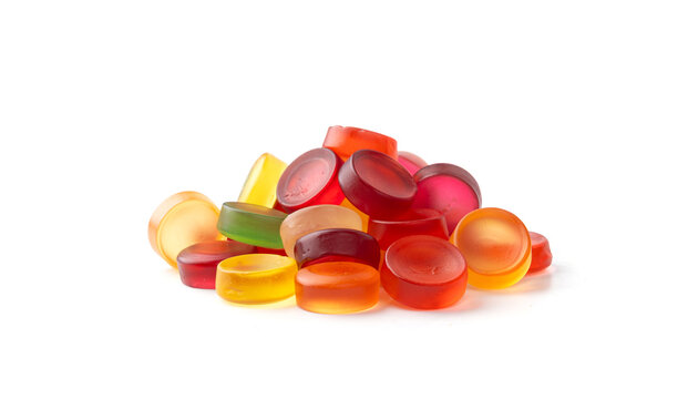 Round gummy candy pile isolated. Chewing colorful marmalade pills, jelly gumdrops heap