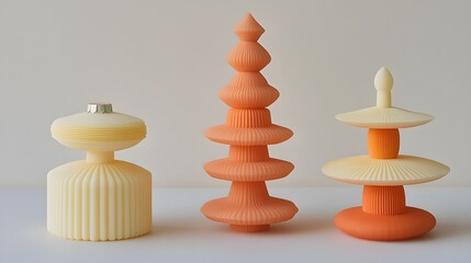 Three decorative stacked ornaments, minimalist pastel sculpture abstract art objects