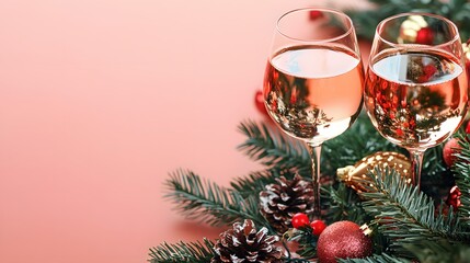 Festive holiday wine with decorations on pink background, christmas concept