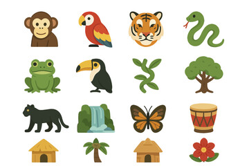 Jungle animals and nature icons: monkey, parrot, tiger, snake, frog, panther, waterfall, butterfly
