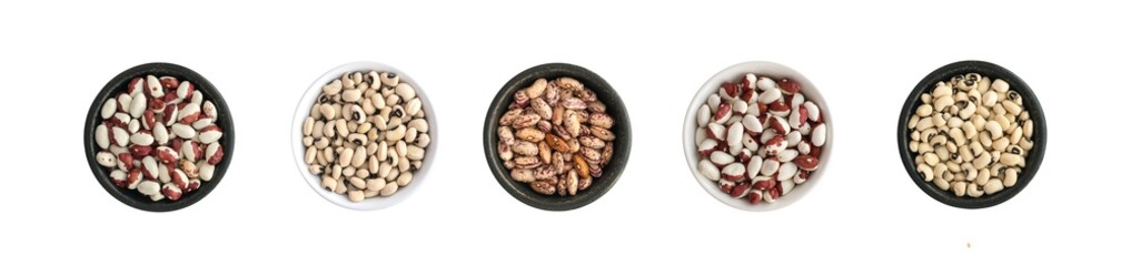 Assorted color legume piles isolated. Different color grains set, different peas