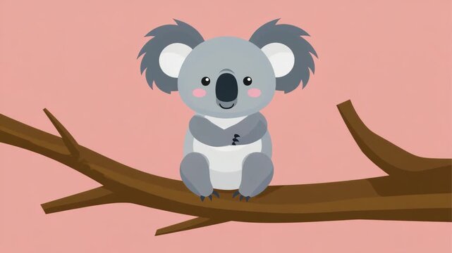 Adorable cartoon koala hugging itself on a tree branch against a pink background cute