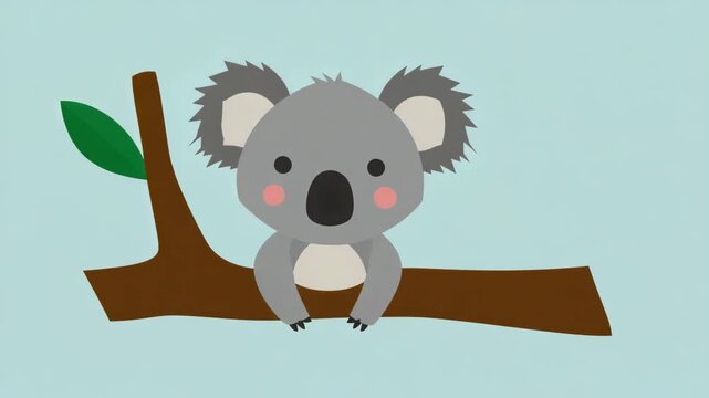 Cute cartoon koala on a tree branch with a green leaf against a light blue background