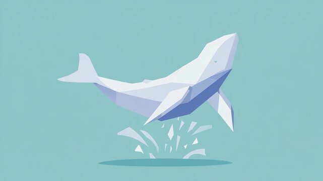 Geometric low poly whale breaching from water against a light blue background origami