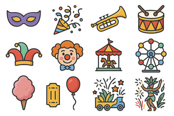 Colorful carnival and circus icons: mask, clown, ferris wheel, trumpet, drums, fireworks