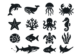Naklejka premium Silhouette icons of marine life: dolphins, whales, jellyfish, and more