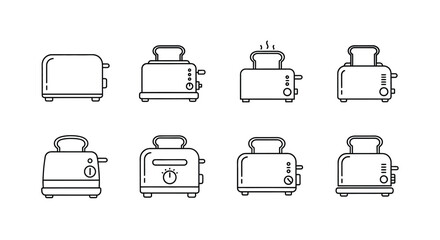 Set of eight line art toaster icons showcasing different styles for kitchen appliance design vector