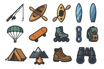Outdoor adventure gear collection: fishing, kayaking, camping, and more icons