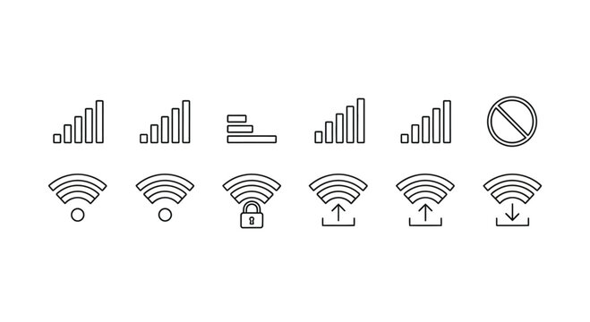Collection of wireless signal strength and connectivity icons for digital interfaces vector