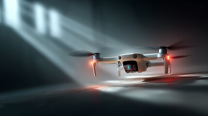Naklejka premium Sleek quadcopter with red-lit rotors hovers in a dim indoor space. Beams of light highlight its camera and contours, emphasizing advanced design and tech.
