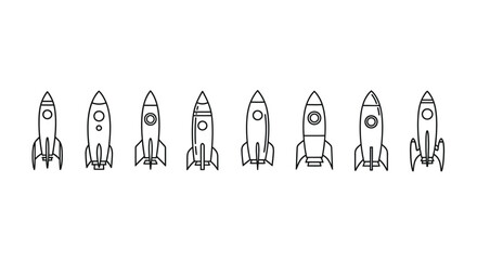 Set of seven unique hand-drawn rocket ships celebrating space exploration and futuristic travel adventures vector