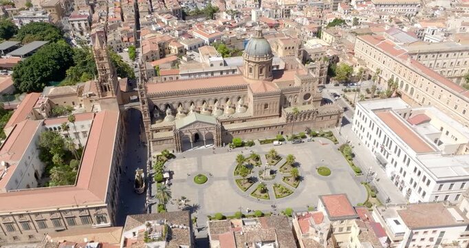Aerial view of Palermo Cathedral. It is the cathedral church of the Roman Catholic Archdiocese of Palermo, located in Sicily, southern Italy. It is dedicated to the Assumption of the Virgin Mary.