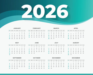 Modern and minimal 2026 calendar template with colorful wave design. Perfect for business, corporate, or personal use. Fully editable and printable layout