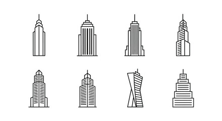 Collection of diverse skyscraper icons representing modern architecture and city skylines vector