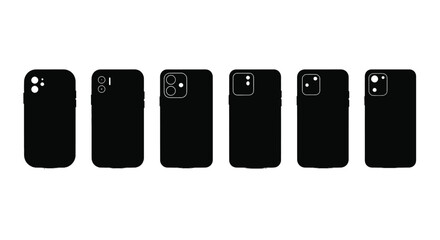 Six identical black smartphone backs arranged in a row isolated on white vector