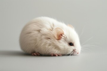 Studio shot of a small white mouse crouching on a gray background