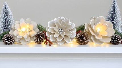 Elegant christmas decoration featuring artificial flowers pine cones and miniature trees