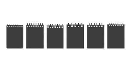 Collection of six different sized spiral bound notebooks lined up sequentially vector