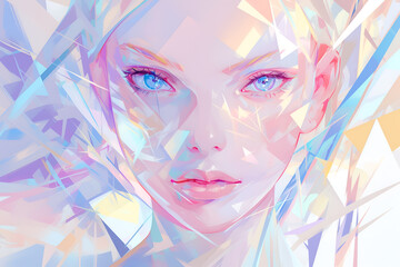 Digital artwork of person with blue eyes and pastel features, faceted crystalline style, translucent polygon background.