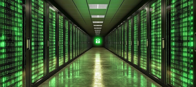 High-Tech Secure Data Center with Glowing Digital Encryptions for Cybersecurity in Modern Computing
