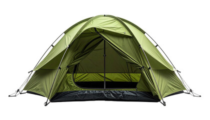Green camping tent set up, open doorway