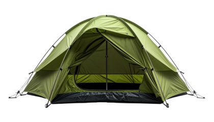 Green camping tent set up, open doorway