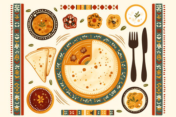 Madhubani painting style illustration of Indian breakfast with masala dosa, coconut chutney, and sambar, decorative borders and flat perspective.