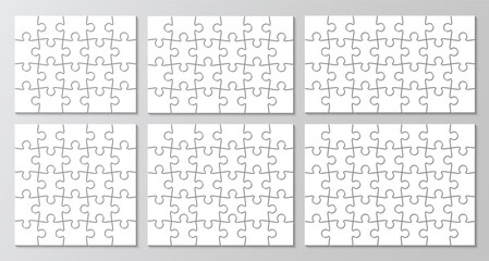 6 puzzles infographics collection. Puzzle grid set. Jigsaw diagram presentation. Process business chain infographic. Business info graphic with steps, parts. Vector illustration