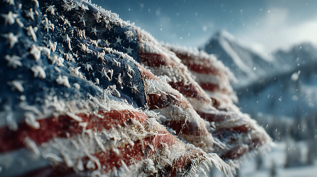 An American flag covered in frost and ice flutters in the wind against snowy mountains and falling snow, symbolizing resilience, endurance, and patriotism.