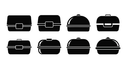 Collection of black food carriers and lunch boxes isolated on vector