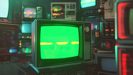 Retro televisions displaying data creating a cyberpunk atmosphere - Powered by Adobe