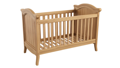 Simple, wooden crib on black backdrop