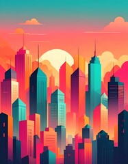 Fototapeta premium Vibrant city skyline at sunset with colorful hues.