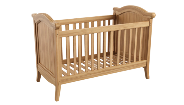 Simple, wooden crib on black backdrop