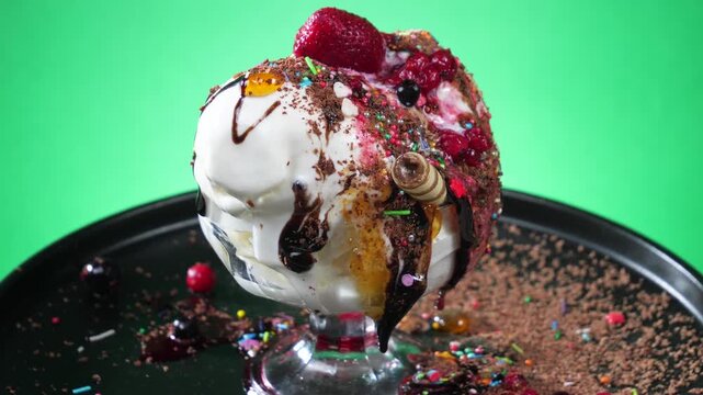Balls of chocolate ice cream in a glass bowl, covered in chocolate fudge, melt and slowly rotate against a brightly colored background.
