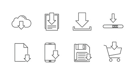 Collection of download icons representing cloud data storage mobile devices and files with arrows pointing down vector