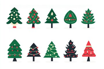set of Christmas tree icons in flat style with ornaments and lights on white background, vector illustration for holiday decoration