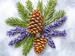 Fototapeta premium Snowy Pine Cones Lavender Winter Holiday Decoration