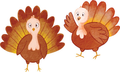 A funny cartoon vector illustration of a cute turkey and hen from the farm animal poultry, perfect for thanksgiving design
