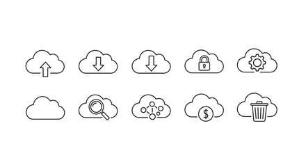 Obraz premium Cloud computing icons set featuring upload download sync lock and more for digital services vector