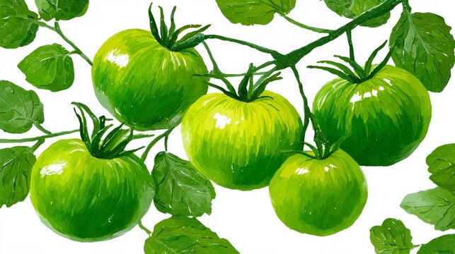 A painting of green tomatoes hanging from a vine. The painting is full of life and color, and it conveys a sense of freshness and abundance. The artist has captured the essence of the tomato plant