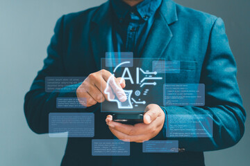 Businessman using smartphone with holographic AI interface data processing and machine learning. Concept artificial intelligence, analytics, innovation, and smart technology digital transformation